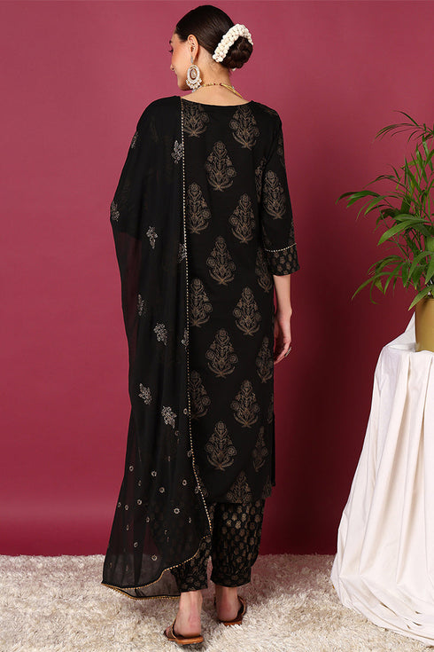Plus Size Black Viscose Rayon Solid Woven Design Straight Suit Set